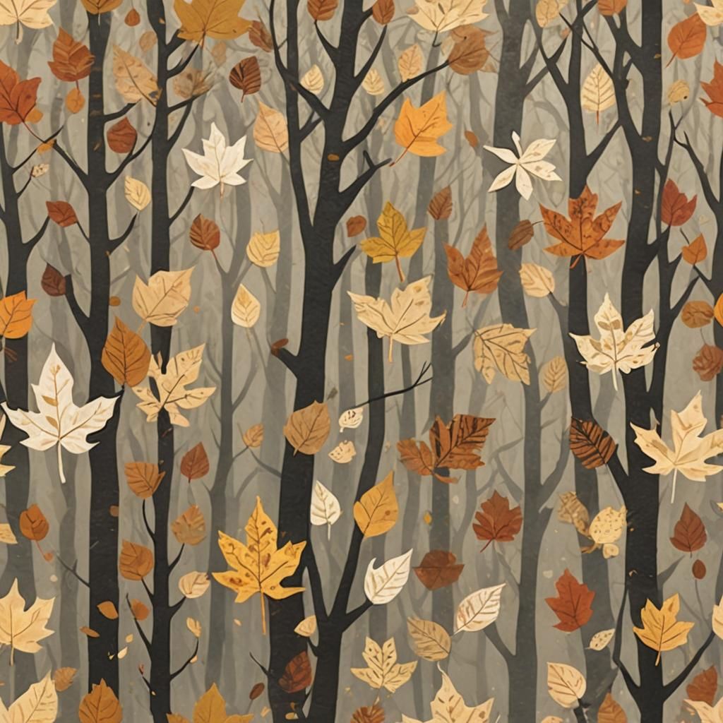Misty Forest Paper Collage with Falling Leaves
