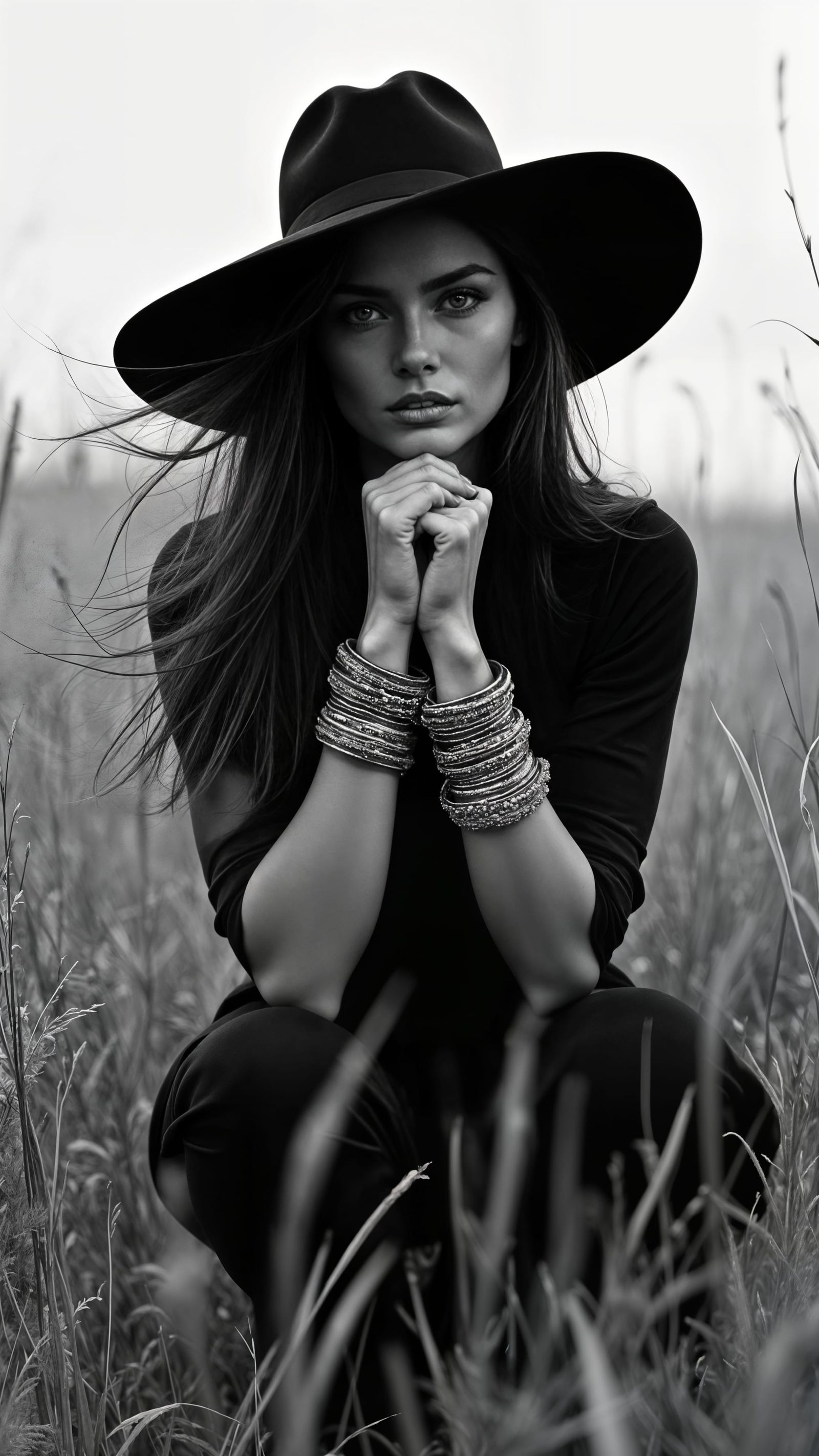 Elegant Woman Amidst Wild Grasses in a Dramatic Black and Wh...