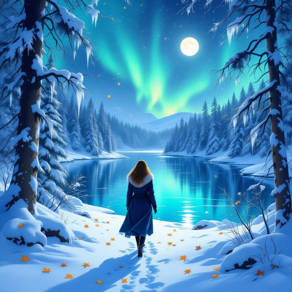 Ethereal Woman in Moonlit Winter Forest, Expressive Watercol...