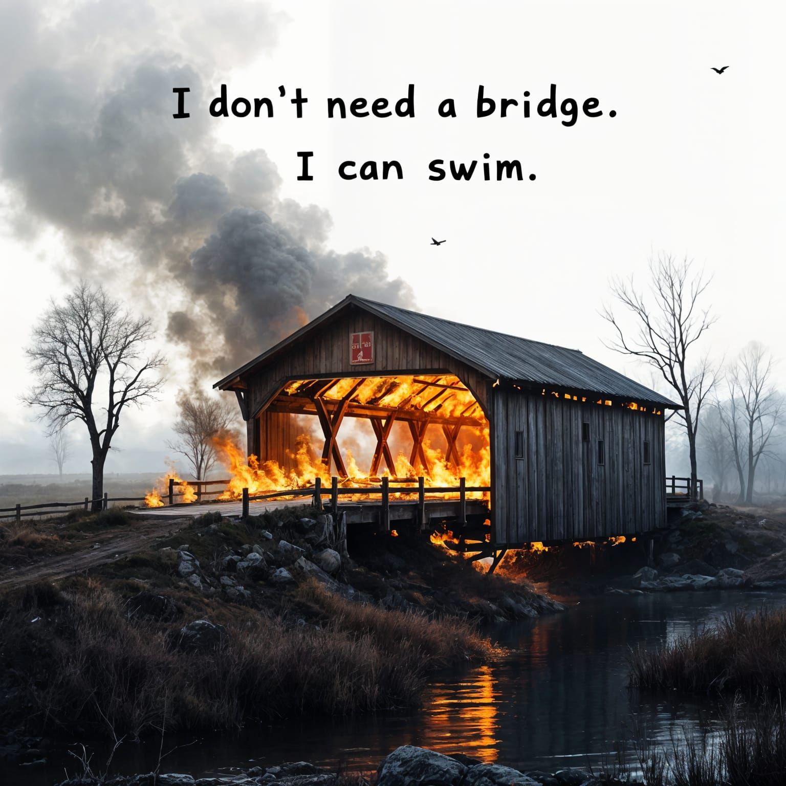 Burning Covered Bridge in a Country Setting