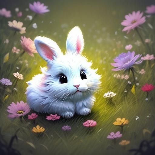 Cute Bunny in Grassy Field with Flowers