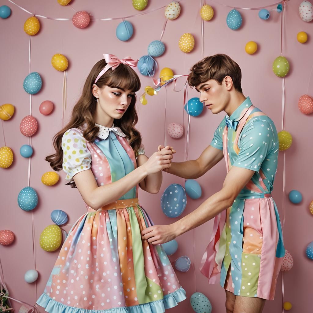 High-Fashion Portrait: Girl Adjusts Ribbon on Boy