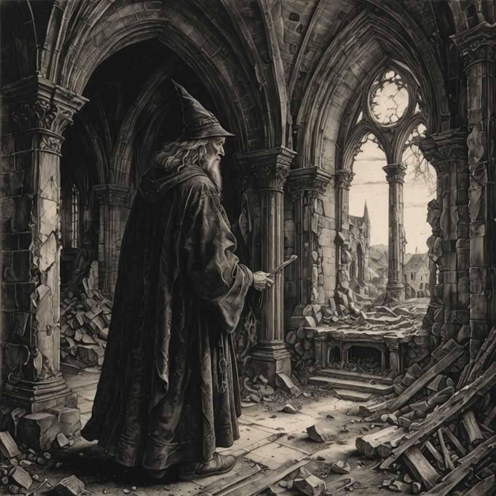 Wizard Explores Ruined Church: Hyperdetailed Charcoal Drawin...