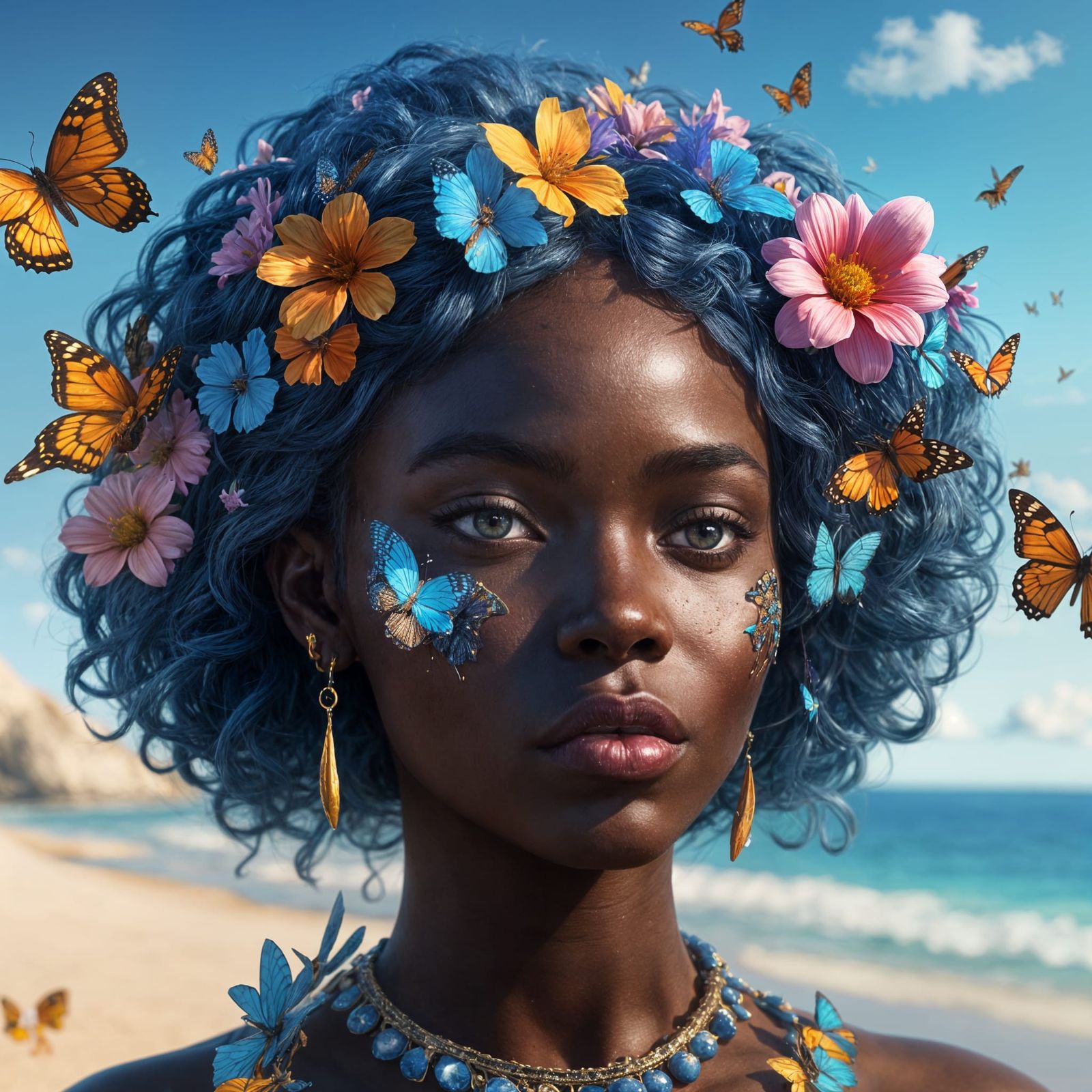 African Goddess Walking on the Beach in Vibrant Colors