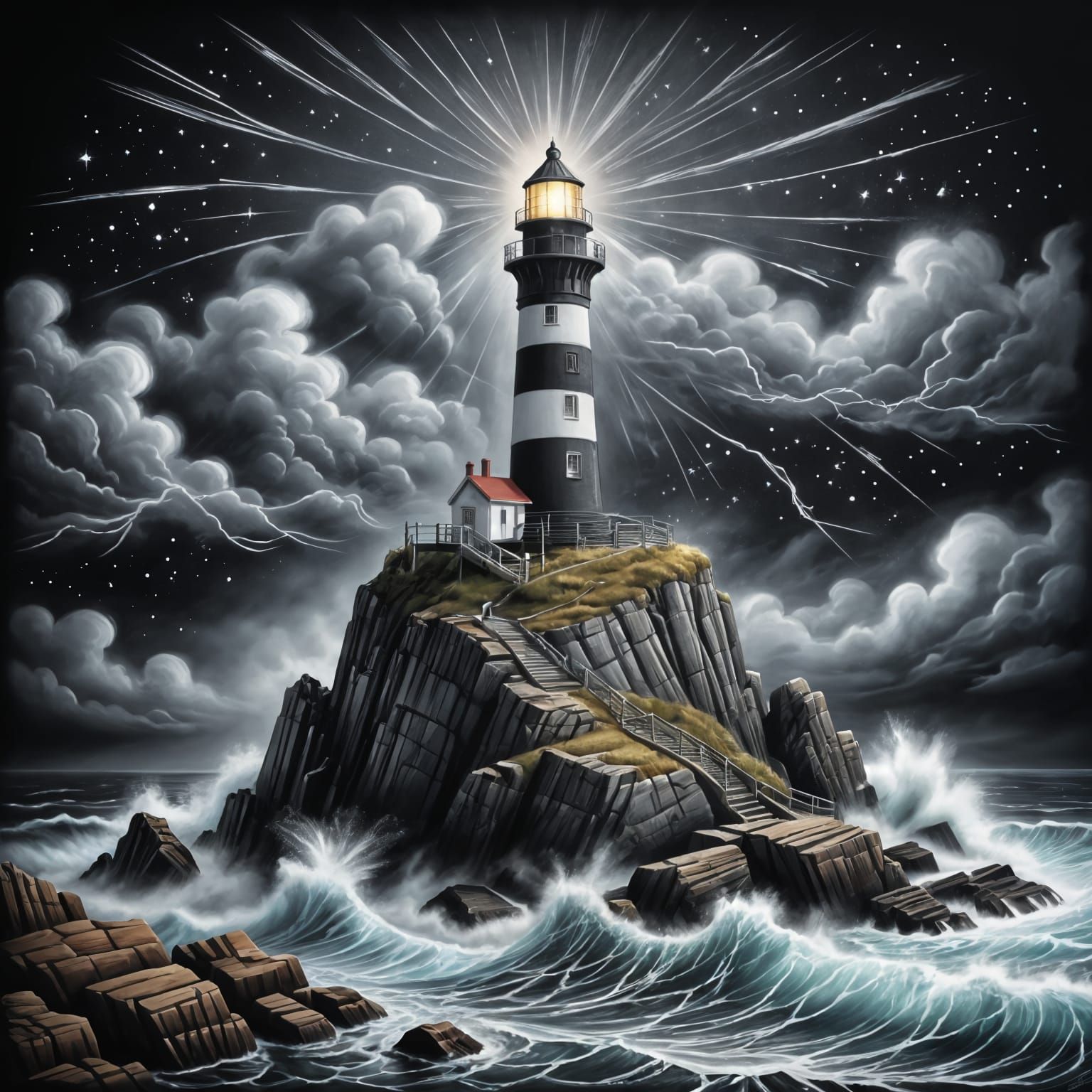 Ornate Chalk Drawing of a Lighthouse in a Storm