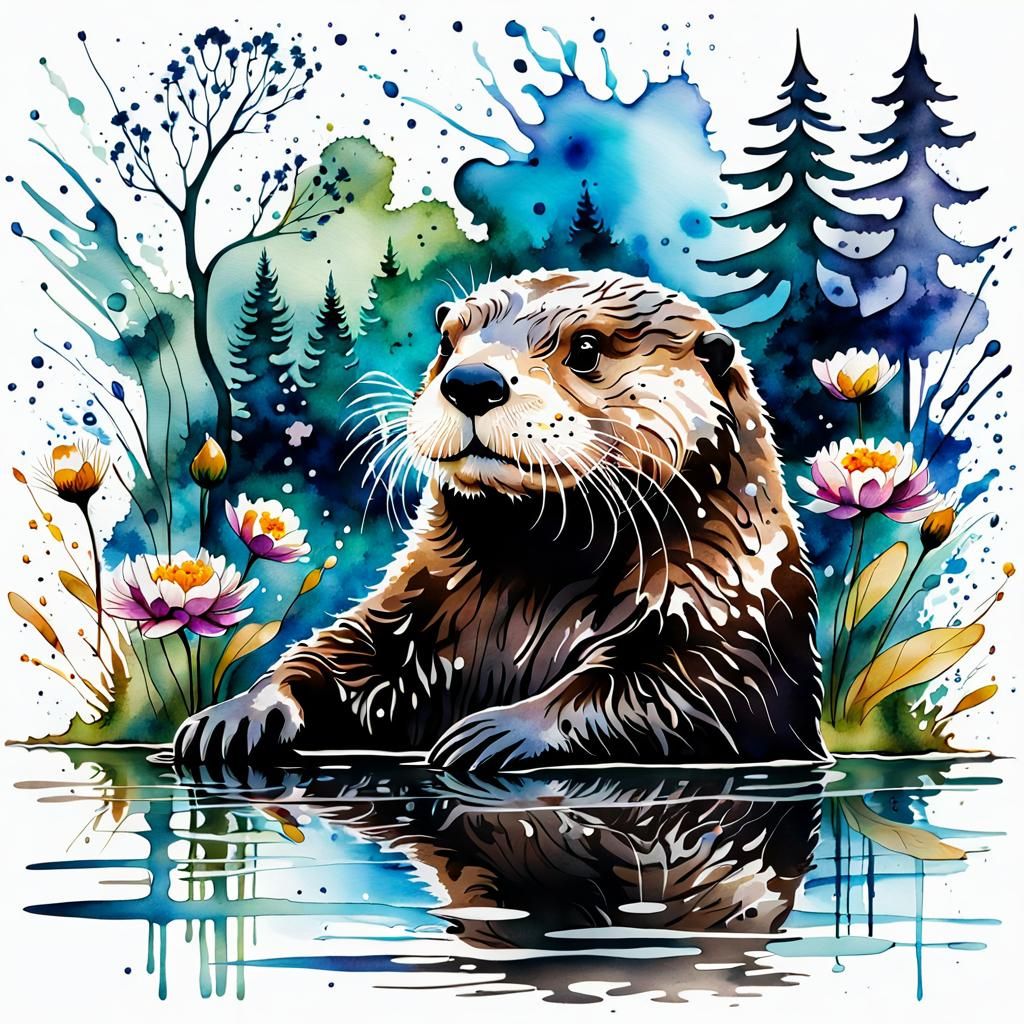 Sea Otter in Pond: Abstract Expressionism Ink Art