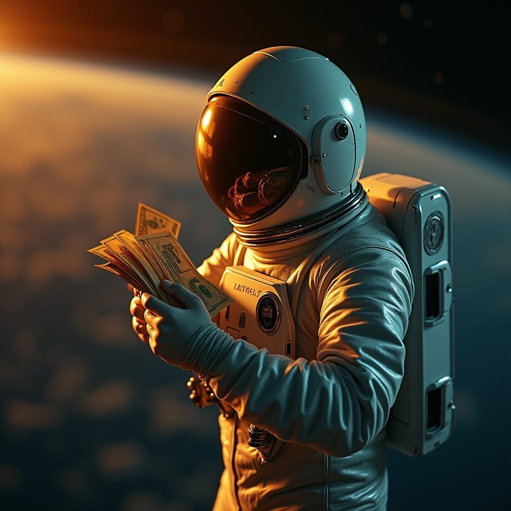 Astronaut Counting Money in Space, Cinematic Style