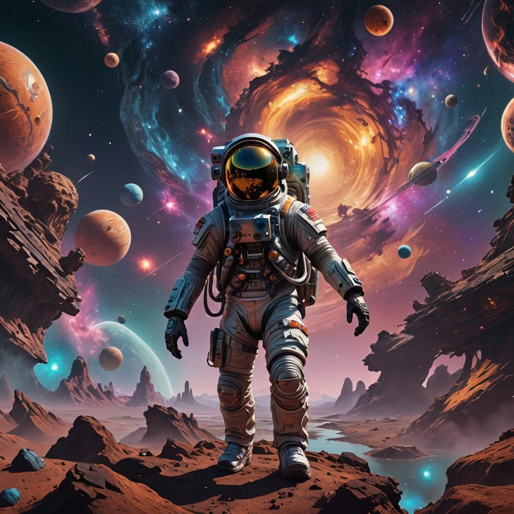 Psychedelic Galaxy: Spaceman and Spaceship in Detailed Matte...