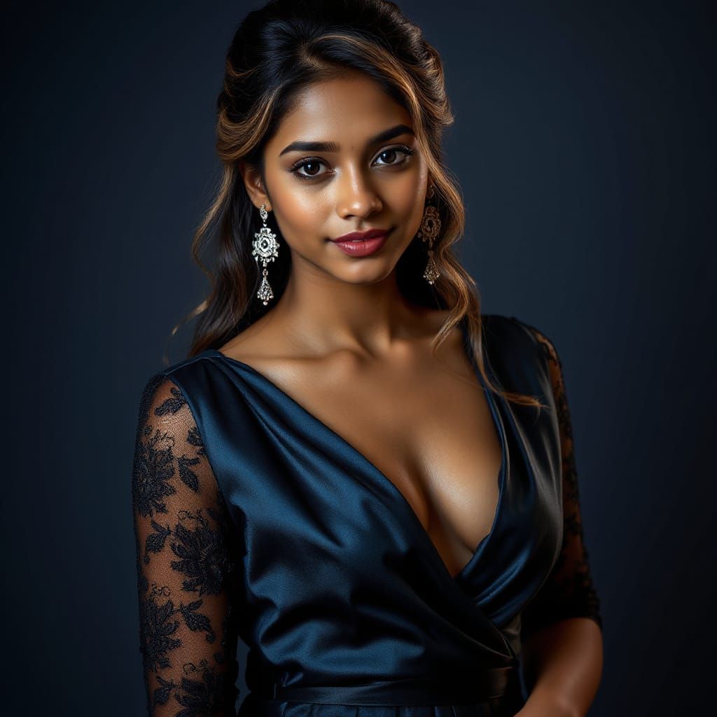 Elegant Indian Woman in Blue Satin Gown