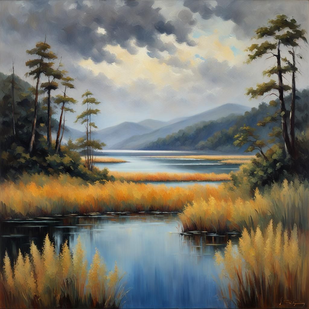 Windswept Lake With Coastal Reeds, Oil Painting