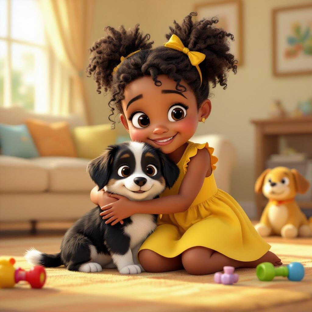 Girl Hugs Puppy in Cozy Living Room Animation Style
