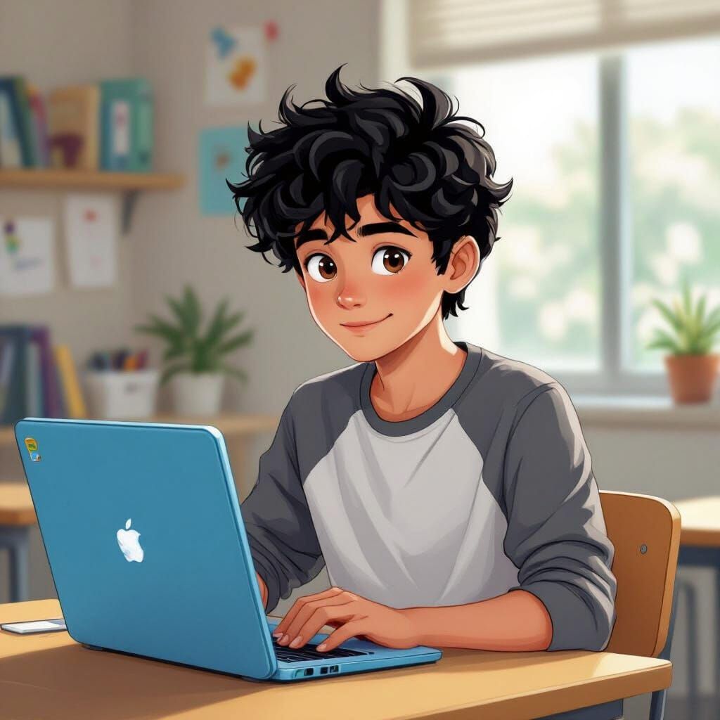 Teenage Boy at School Desk in Digital Art Style