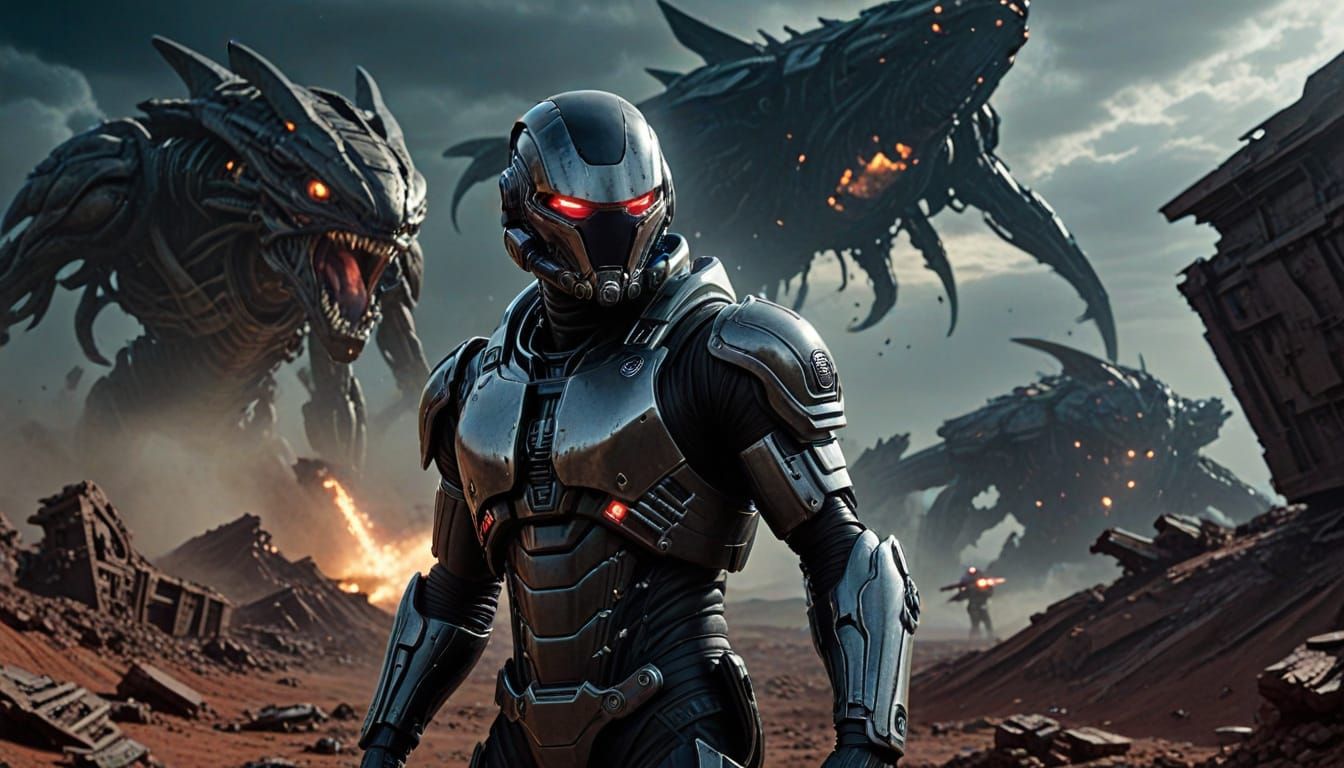 Cyberpunk Commander Battles Alien Horde in Gritty, Cinematic...