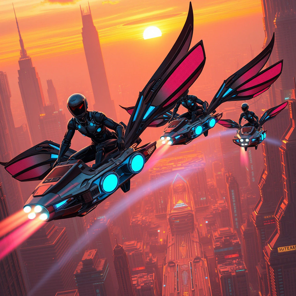 Robots Driving Flying Cars in Futuristic Cityscape