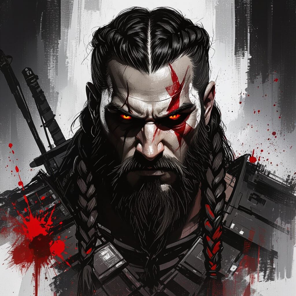 Intense Warrior Portrait with Crimson Splatter in Digital Ar...