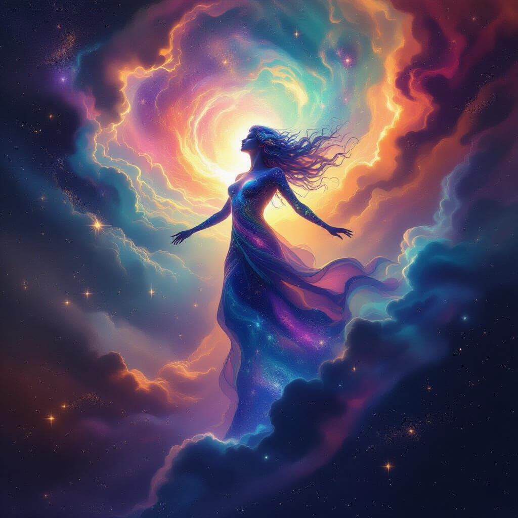 Celestial Being of Stardust Ascends Vibrant Cosmic Expanse