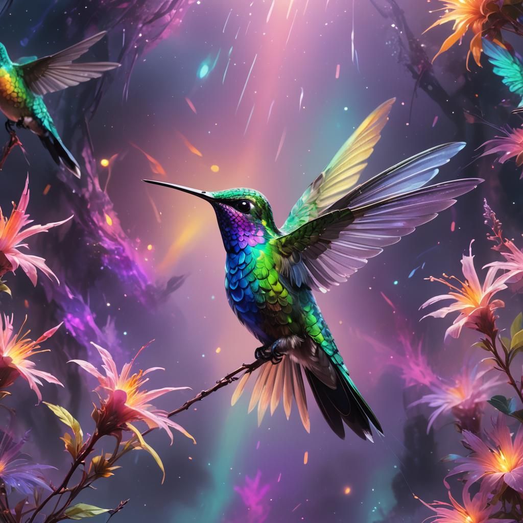 Iridescent Chrome Hummingbird in Neon Landscape