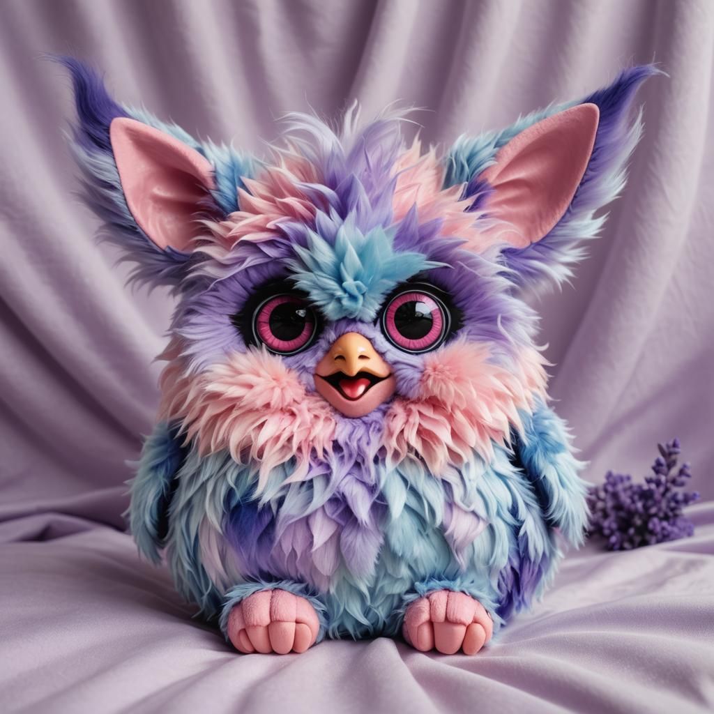 Cute Furby with Lavender Eyes on Purple Bed