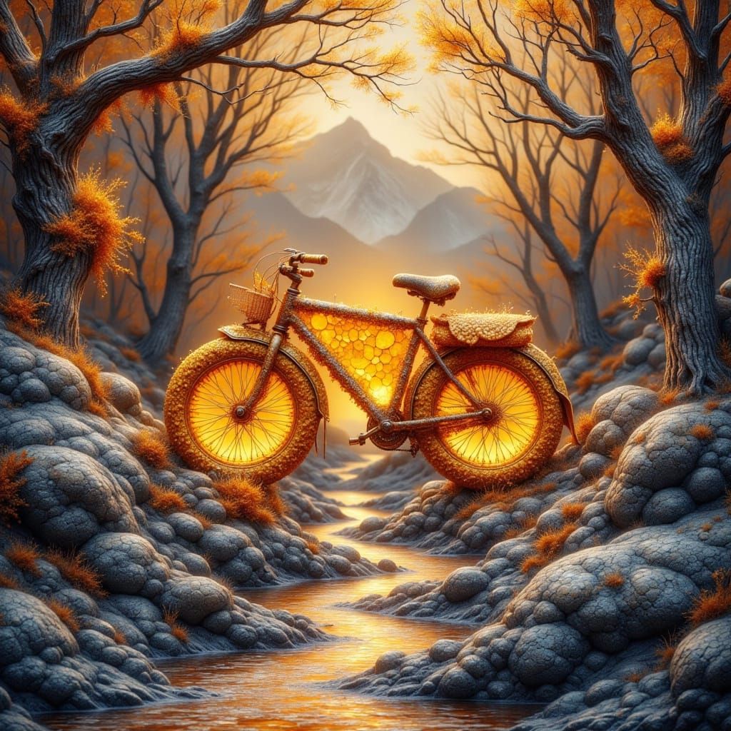 Surreal Bioluminescent Bicycle in Amber Droplet