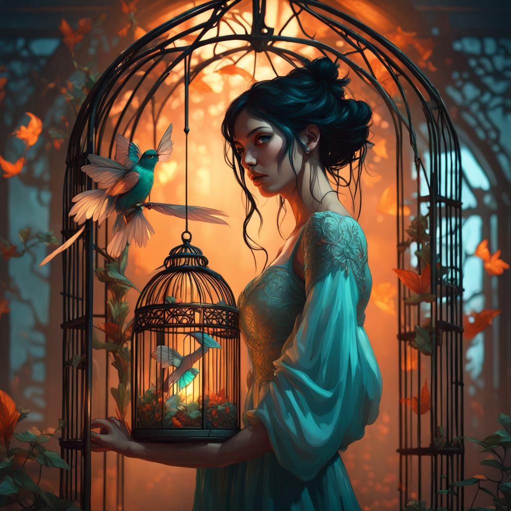 Black-Haired Fairy Trapped in Birdcage: Hyperdetailed Art