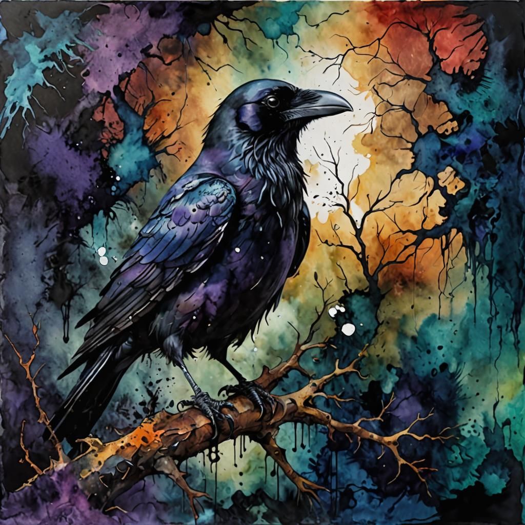 Raven Messenger from Hell in Oil and Ink Style
