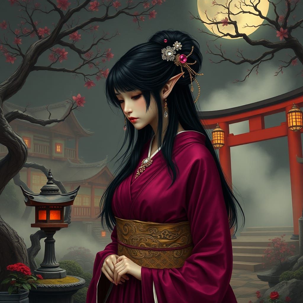 Ethereal Elf Geisha in Japanese Garden Setting