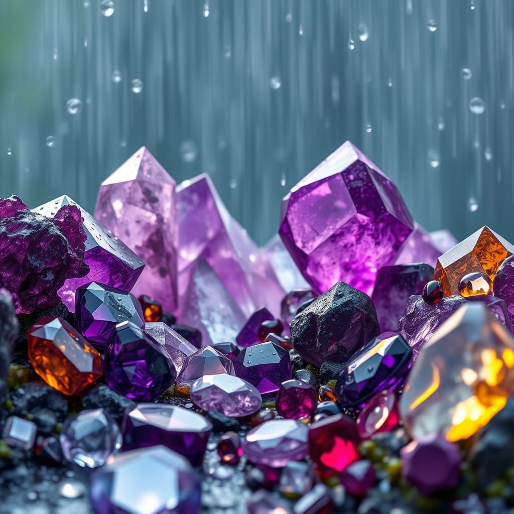 Glimmering Gemstone Landscape Sparkles with Raindrop Reflect...