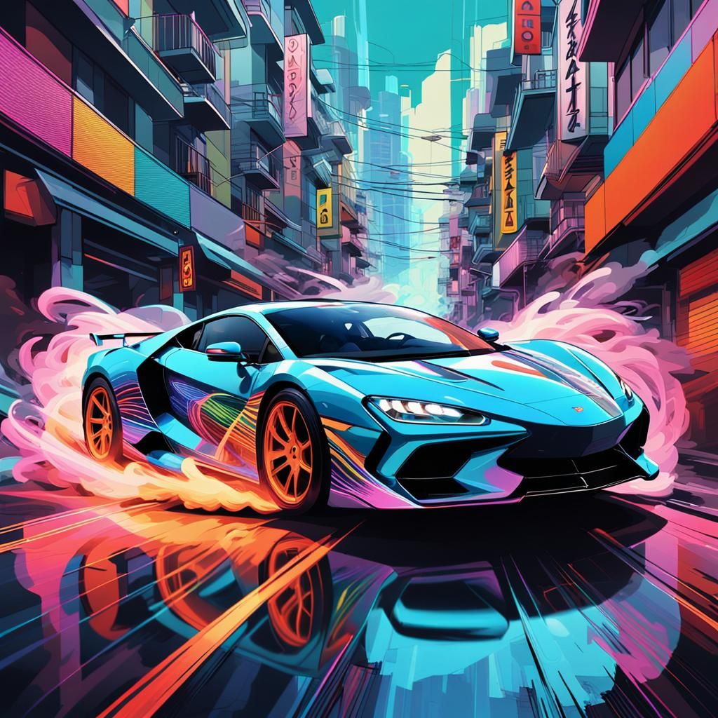 Supercar Drifting in Japanese Streets, Pop Art Style