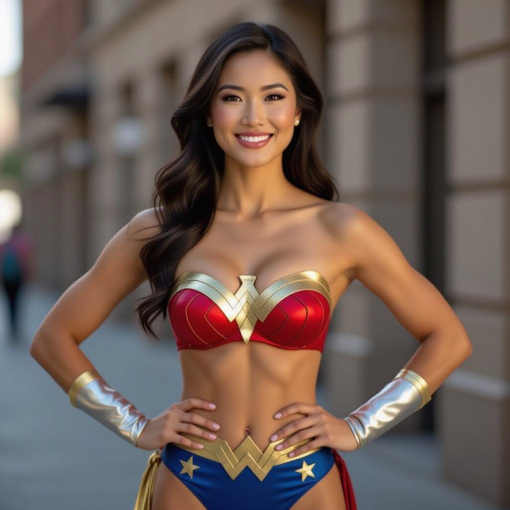 Smiling Asian Woman in Wonder Woman Bikini
