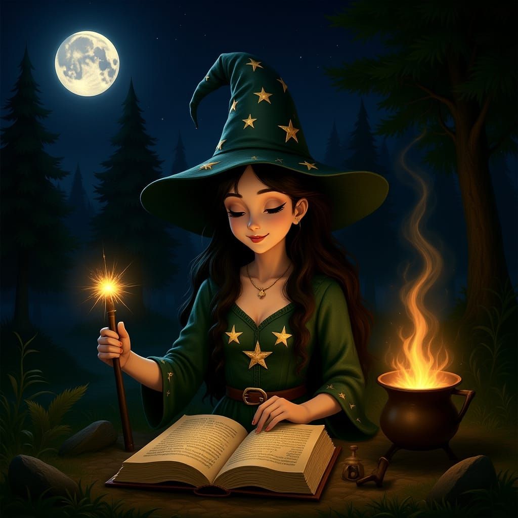 Enchanting Witch in Magic Forest with Wand and Cauldron