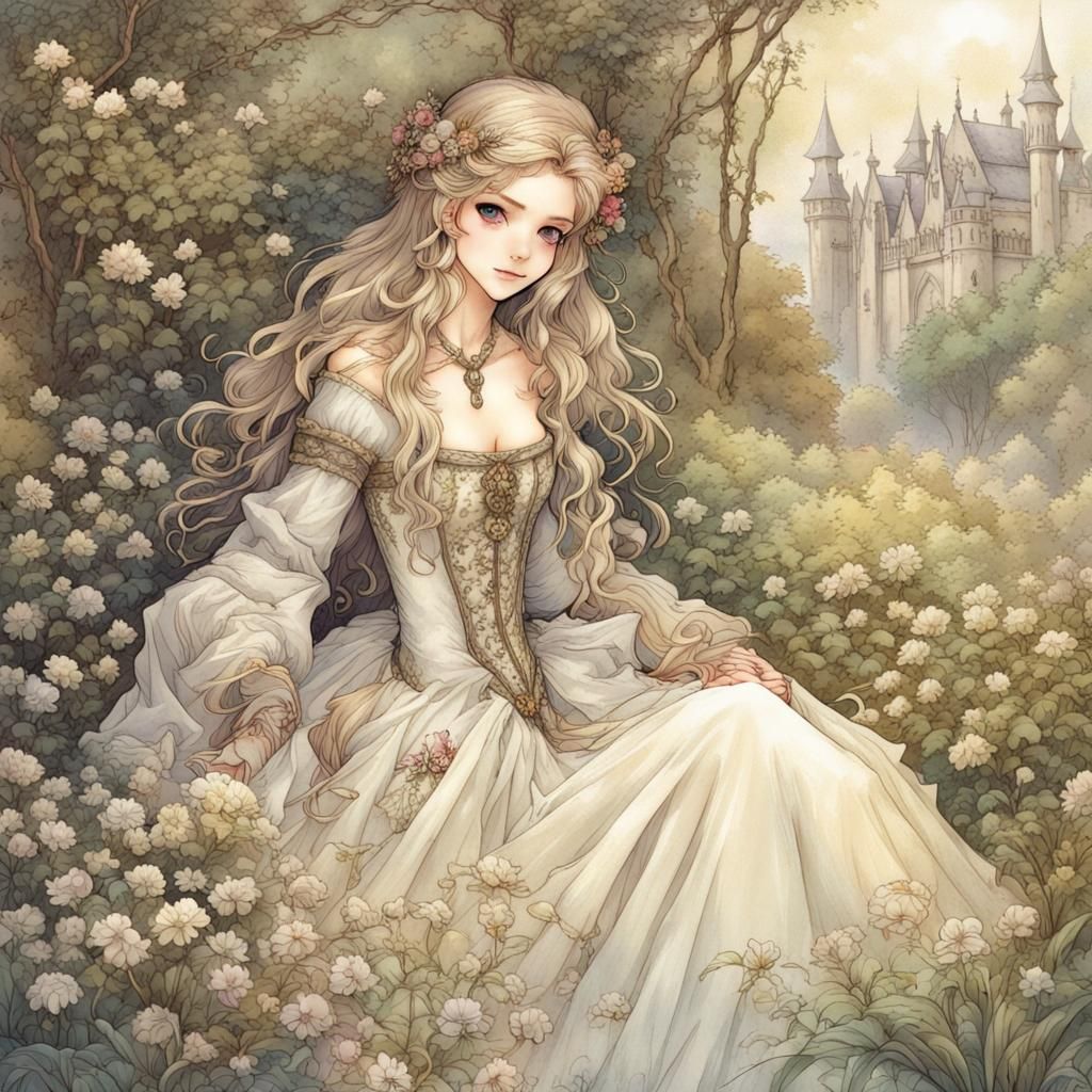 Medieval Maiden in Garden, Arthur Rackham Anime Style