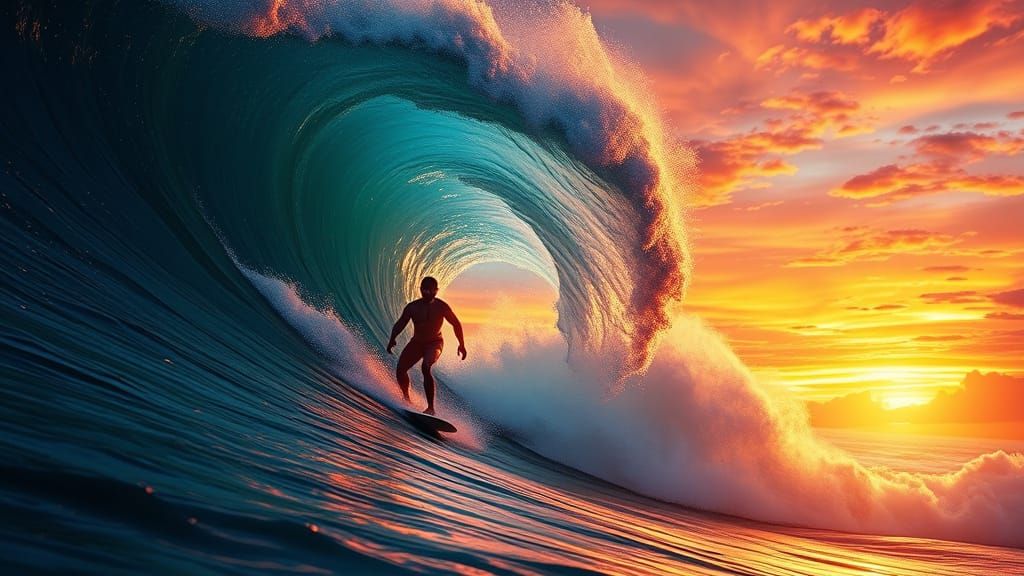 Surfers Riding a Swirling Wave in Vibrant Hawaiian Sunset