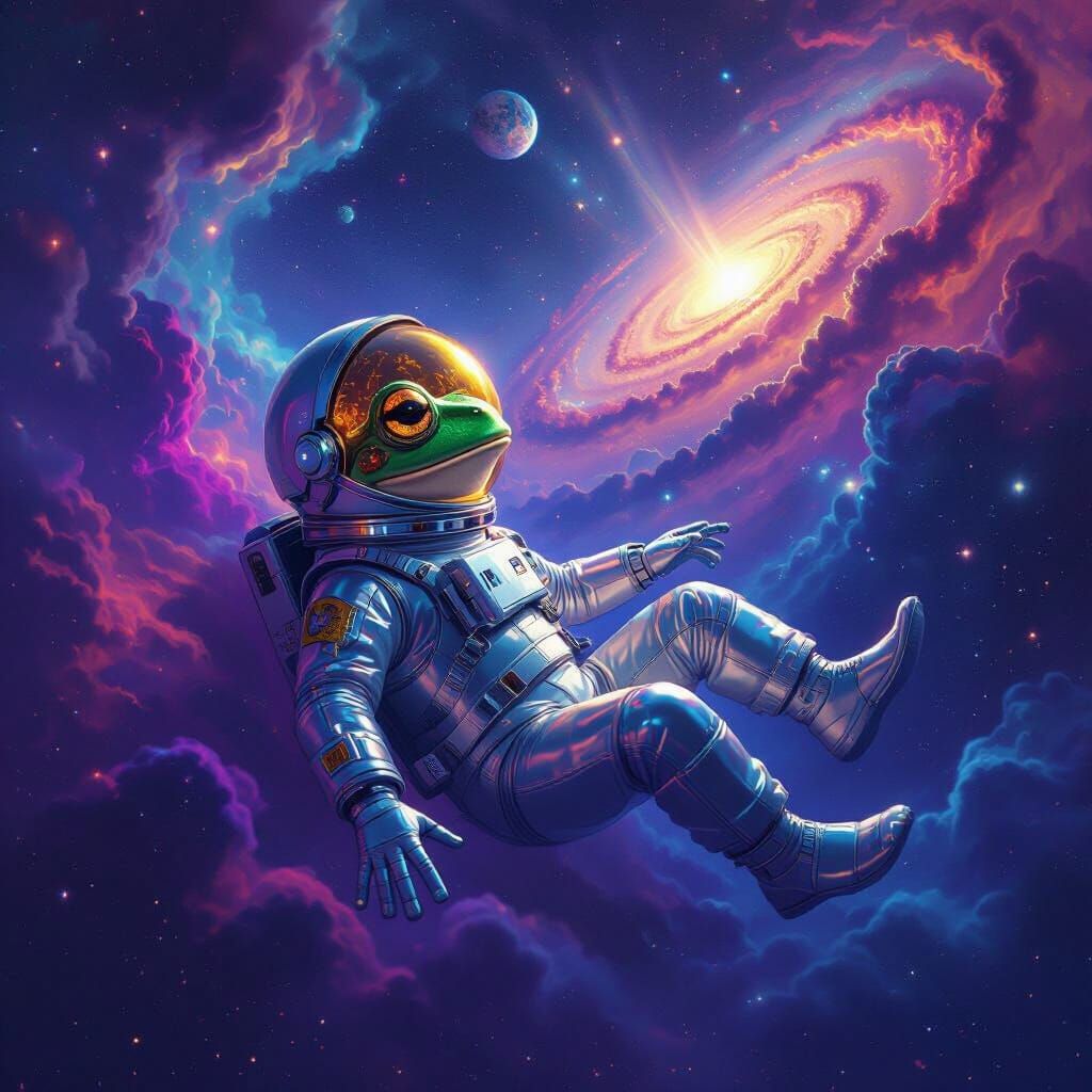 Frog in Spacesuit Navigates Iridescent Nebula