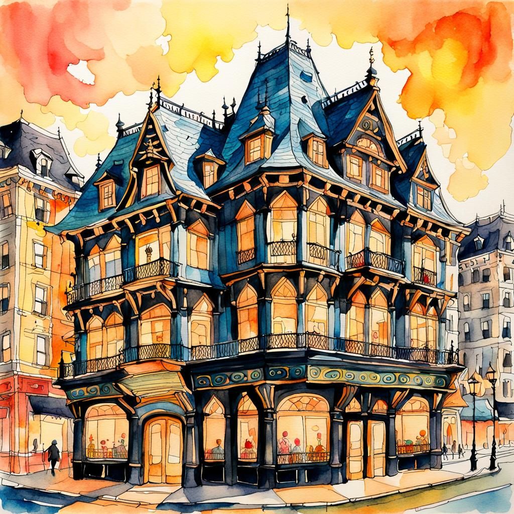 Stylized Building in Watercolor and Ink