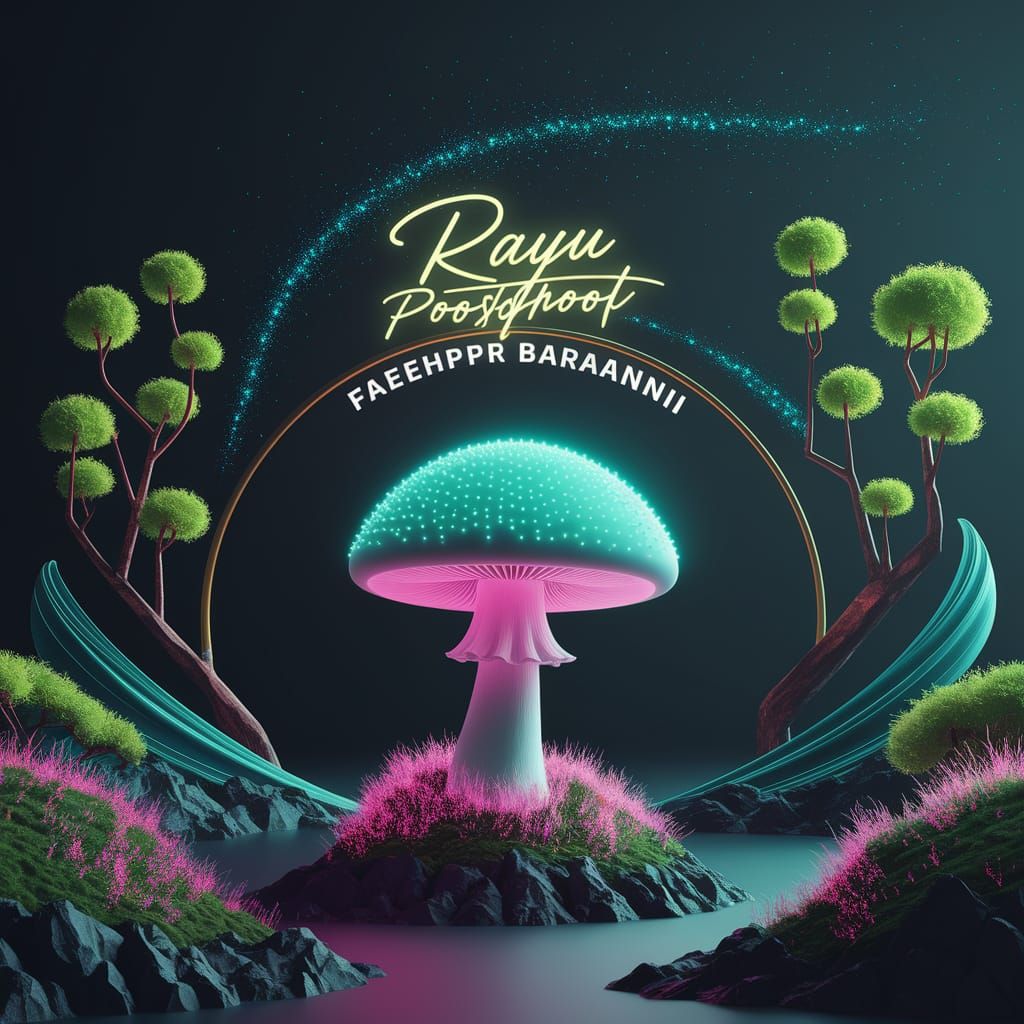 Bioluminescent Mushroom in Cyan Glow: Digital Art