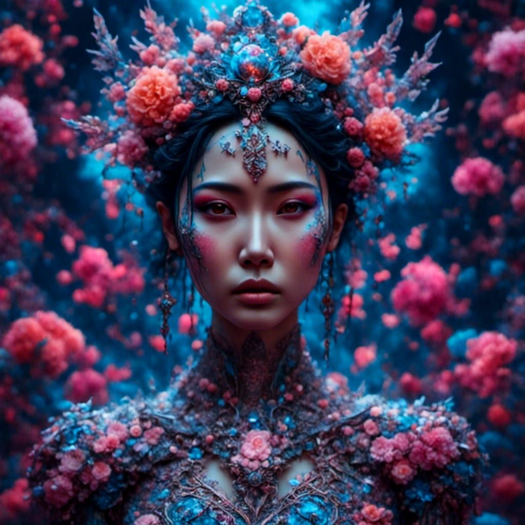 Hyperrealistic Portrait of Asian Woman with Colorful Accents