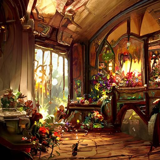 Cozy Cottage Interior with Fireplace, Oil Painting