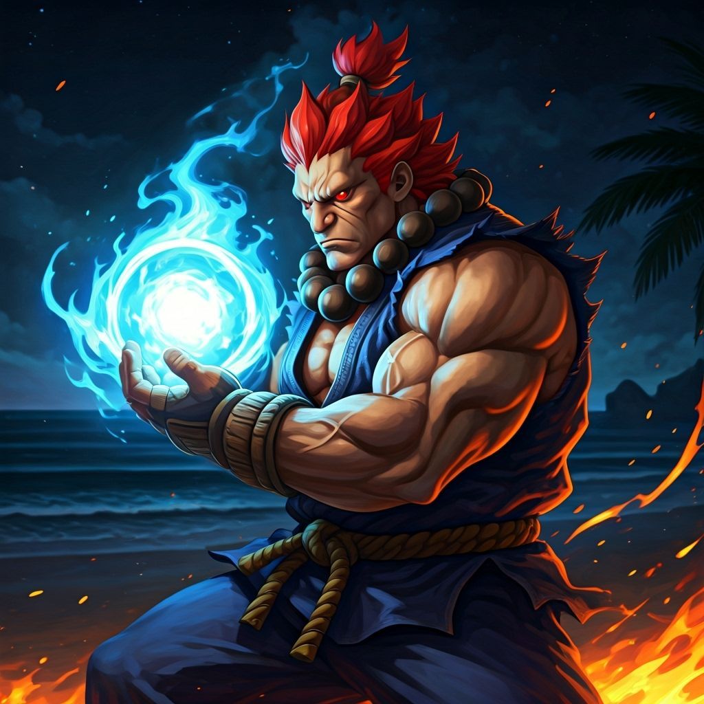 Gouki Akuma Preparing Blue Hadouken on Night Beach