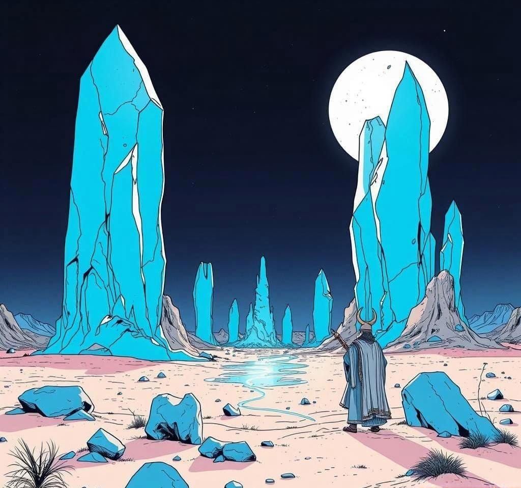 Mystical Crystal Desert Landscape in Ligne Claire Style