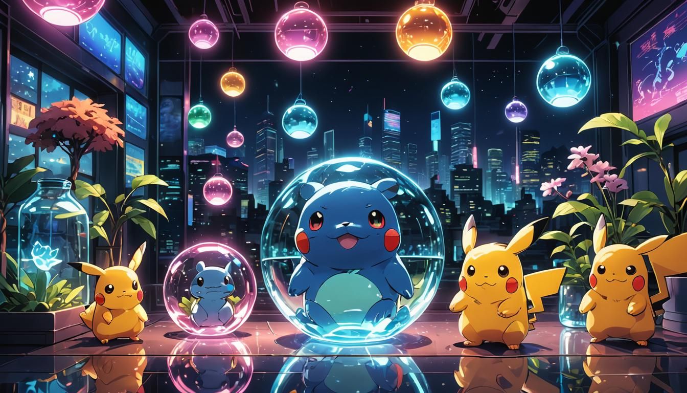 Cute Pokemon in Synthwave Studio Ghibli Anime Style