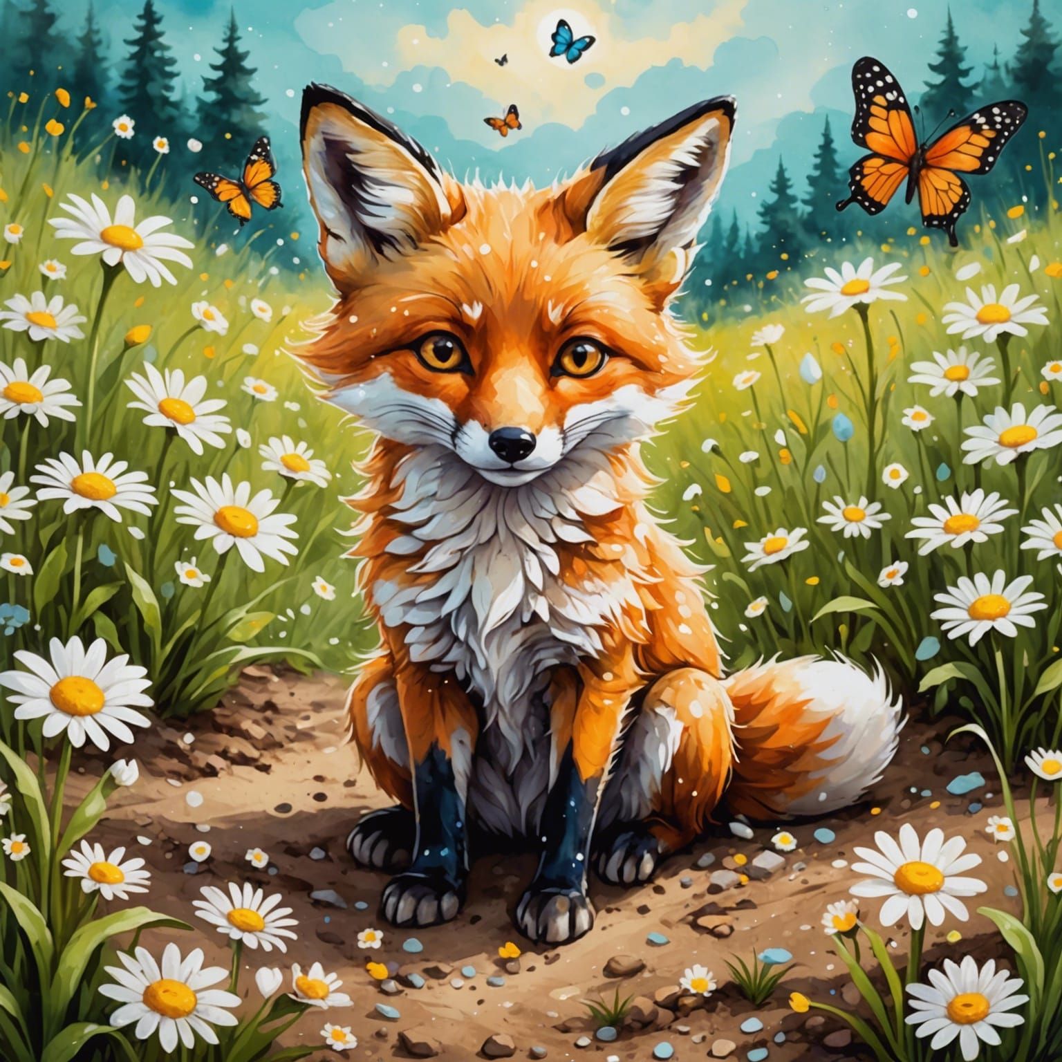 Fox sitting in the daisies