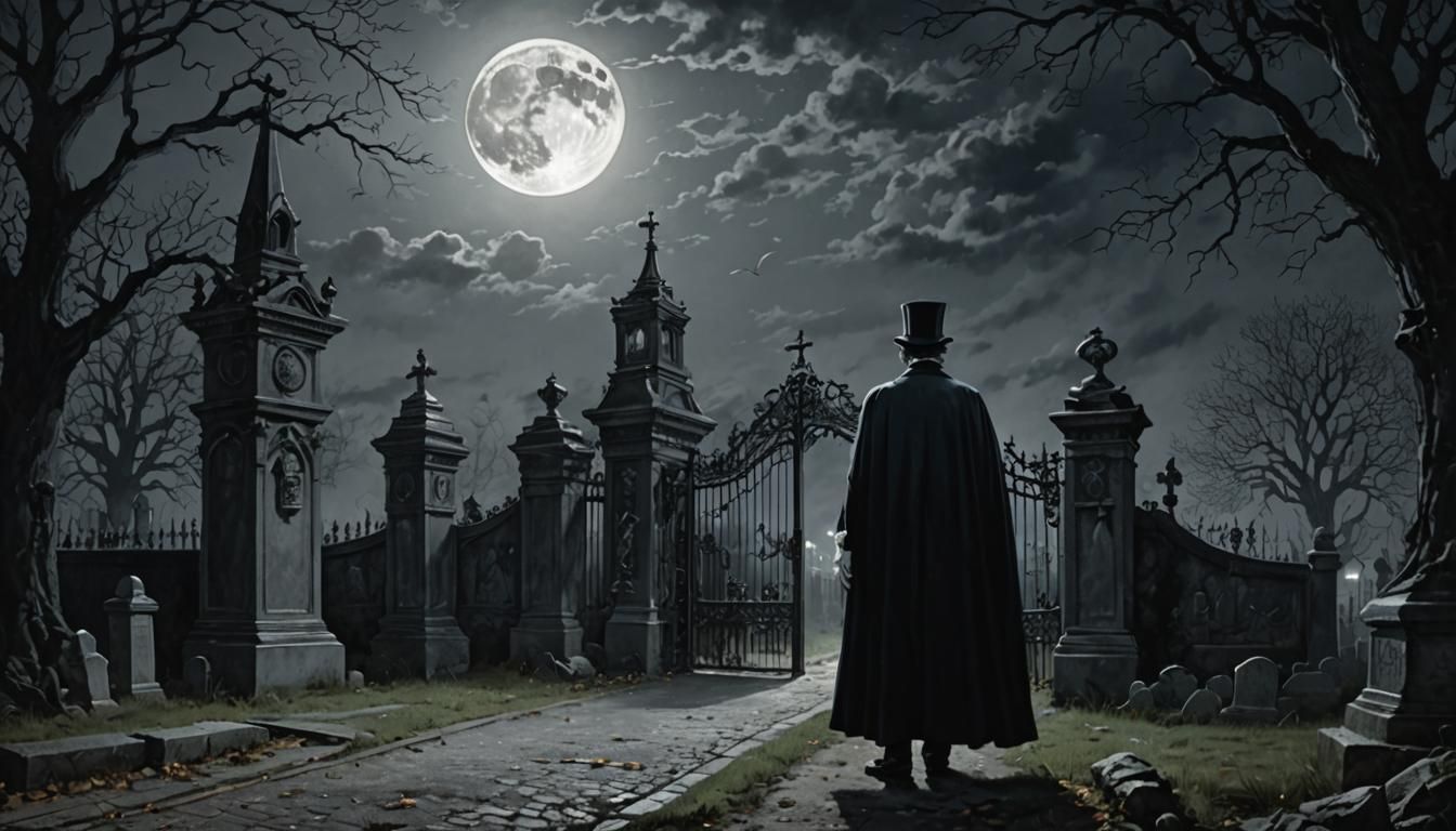 Elegant Man at Cemetery Gate in Gothic Horror Style