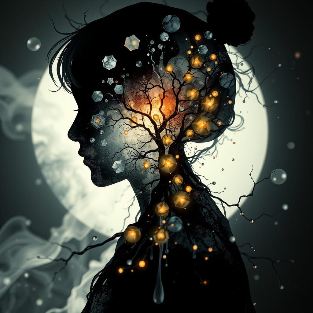 Surreal 3D Character Silhouette with Flowing Ink and Stained...