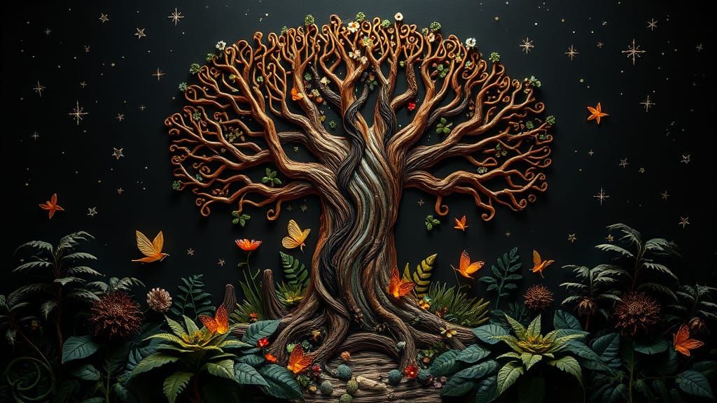 Quilled Baobab Tree of Life with Fairies in Dark Fantasy