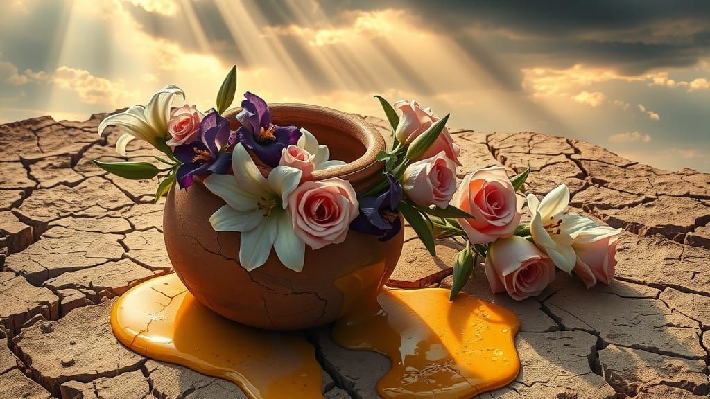 Ancient Jar Unveils Mystical Golden Oil Amidst Delicate Flow...