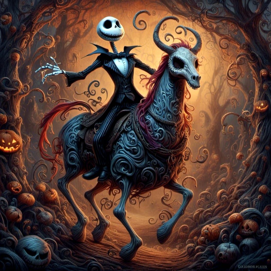 Jack Skellington Rides a Skeleton Horse in Burton Style