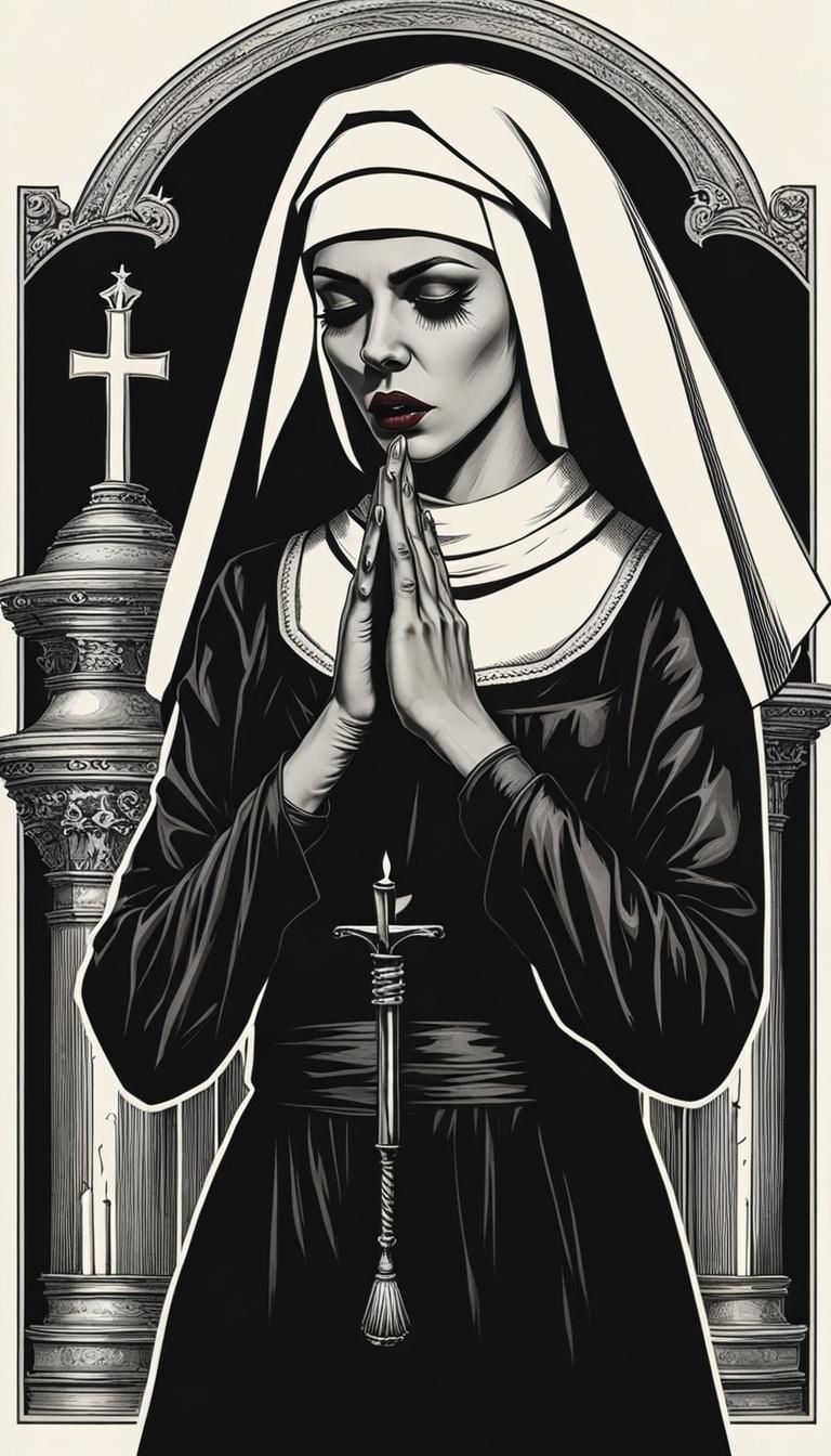 Nun with Eye Patch Praying in Darkness