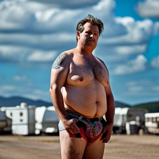 Unkempt Man in Underwear in Trailer Park
