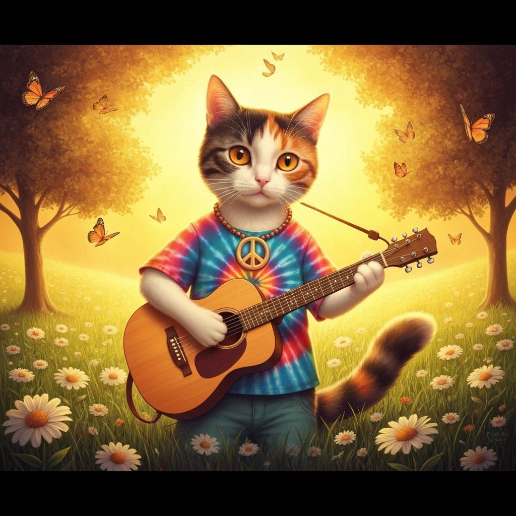 Calico Cat Strums Guitar in Psychedelic Meadow