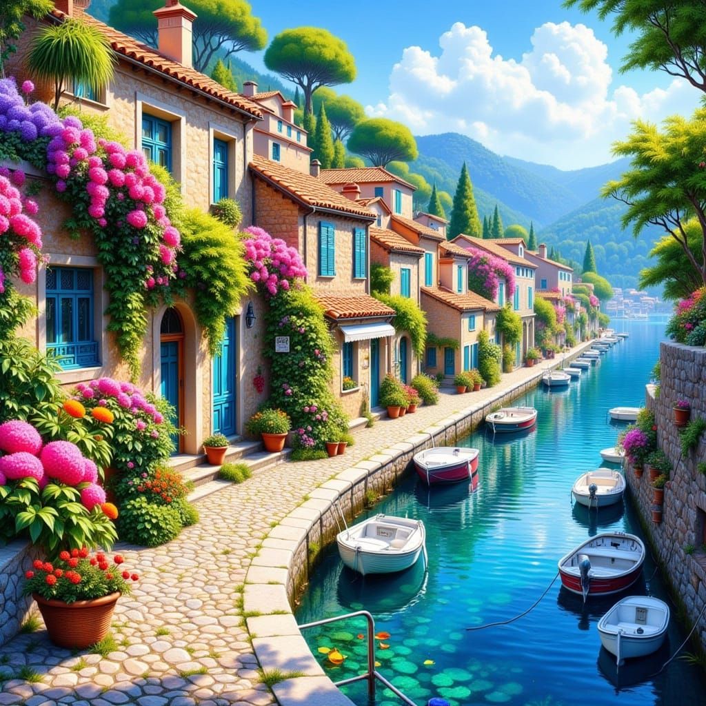 Charming Harbor Town Adorned with Blooming Flowers